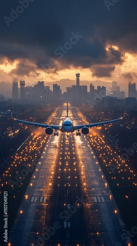 A dramatic view of an airplane landing on a runway with a city skyline in the background at dusk.