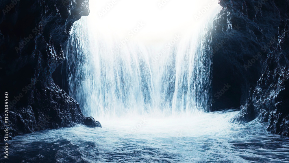 A mystical cave waterfall, hidden in shadows, fantasy glow, ethereal hues, isolated on white background