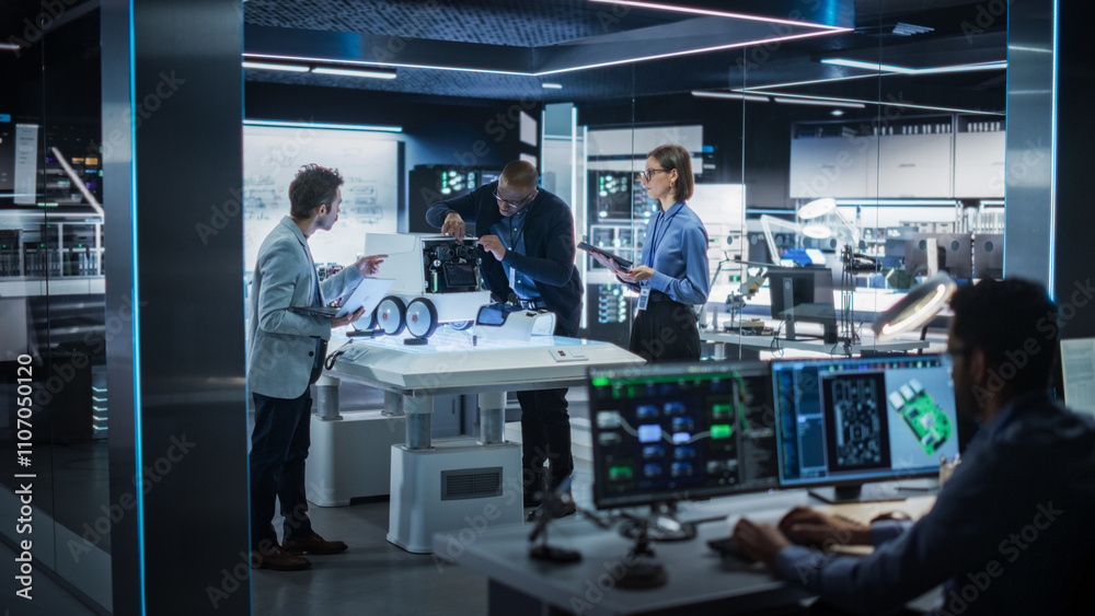 © Gorodenkoff - Diverse Team of Industrial Specialists Working on Remotely Controlled Mobility Robot in a Research Facility. Engineers Testing and Fixing Detection Cameras While Using Tablet and Laptop