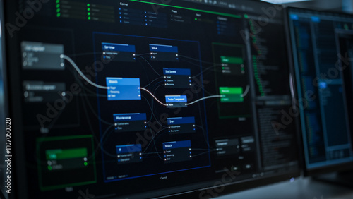 Canvastavla Close Up on Desktop Screen with Programming Software Interface Presenting Nod System Programing for Artificial Intelligence and Machine Learning