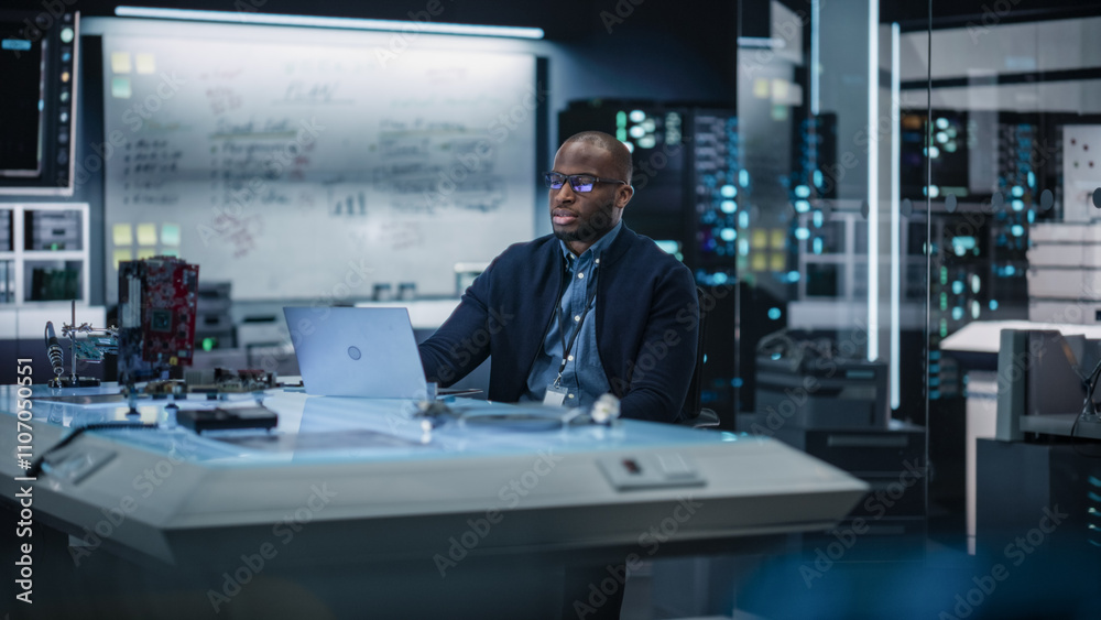 Portrait of Male African-American Specialist Using Laptop Computer to Improve Electronic Circuit Board in Modern Office. Black Engineer Thinking and Typing Ideas for Artificial Intelligence Project 