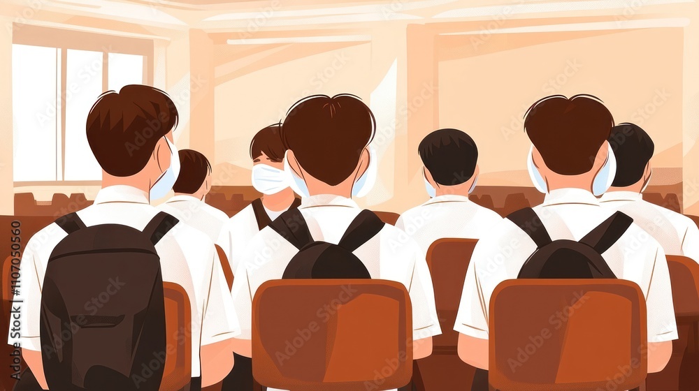Students Wearing Masks Attend Class In Room Students Wearing Masks Attend Class In Room