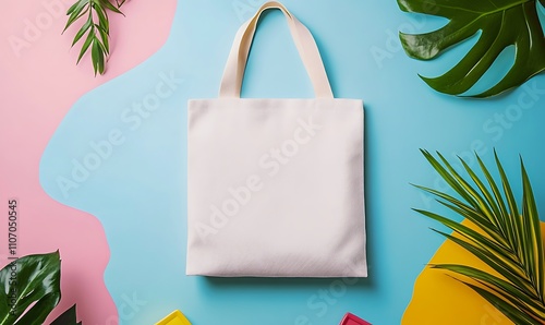 White Tote Bag Surrounded By Tropical Leaves On Pastel Background photo