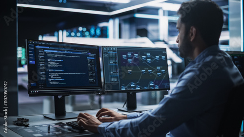 IT Specialist Administrator Working on Computer, Screen Showing Big Data AI Analysis and Code. Web Services, Machine Learning, Analytics Facility, Cyber Security. High-Tech Data Center Server Control