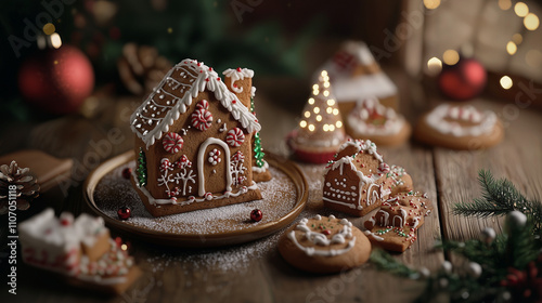 Festive Gingerbread House and Christmas Treats with Warm Holiday Lights