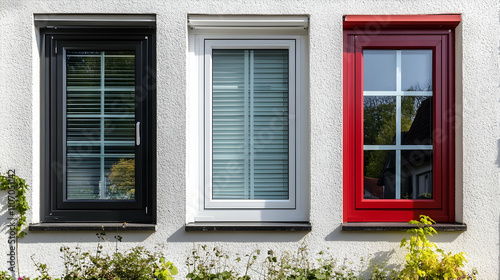 Three Modern Windows  Black  White  and Red Frames Adorn a House s Exterior
