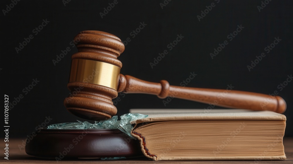 Law restriction prohibition and justice, A wooden gavel rests on an open book, symbolizing justice and the legal system. Law restriction prohibition and justice, A wooden gavel rests on an open book, symbolizing justice and the legal system.