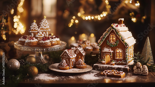Festive Gingerbread House and Christmas Treats with Warm Holiday Lights