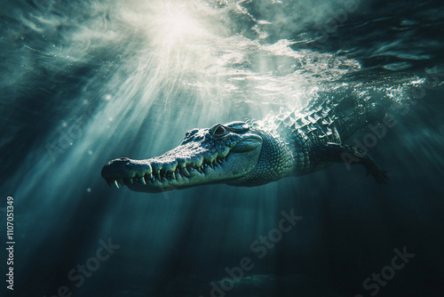 big crocodile swimming in river under water