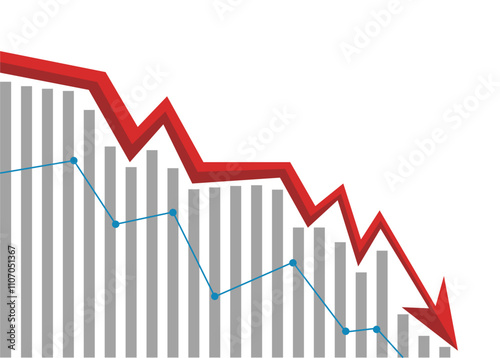 red business arrow graph with bars graph consistently trending downward, reflecting a pressured state with no signs of recovery, illustrating poor business and economic conditions with ongoing losses