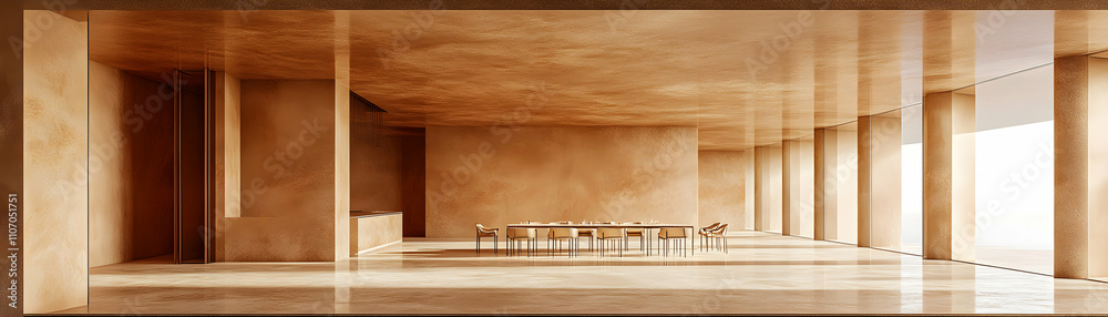 Modern Minimalist Interior, Beige Room with Dining Table and Panoramic View