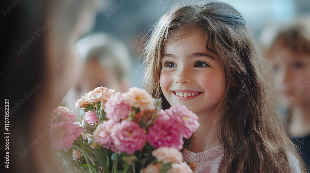 Smiling Girl Receives Bouquet of Pink Flowers, Happy Child with Floral Gift, Delightful Moment Captured Smiling Girl Receives Bouquet of Pink Flowers, Happy Child with Floral Gift, Delightful Moment Captured