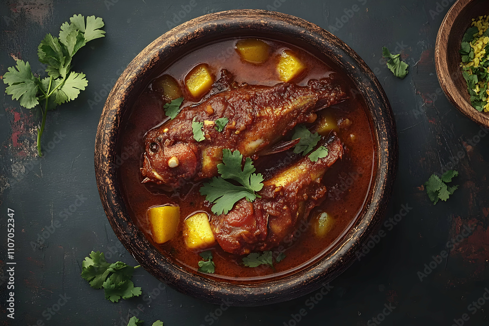 Spicy Fish Curry in Bowl, Aromatic Indian Dish with Potatoes and Cilantro Spicy Fish Curry in Bowl, Aromatic Indian Dish with Potatoes and Cilantro