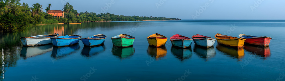 Vibrant Rowboats Docked on Calm Waters by Lush Greenery Vibrant Rowboats Docked on Calm Waters by Lush Greenery
