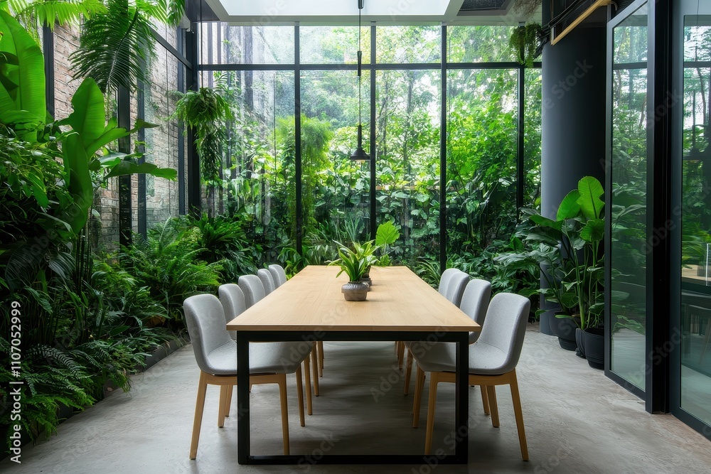 Fototapeta premium Stylish dining room featuring lush indoor greenery and a vibrant garden atmosphere for a refreshing dining experience.