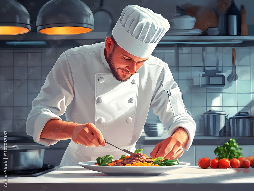 A chef meticulously plating a gourmet dish in a professional kitchen. A chef meticulously plating a gourmet dish in a professional kitchen.