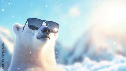 In extreme heat, a cool polar bear wearing sunglasses looks into the sky at the North Pole.