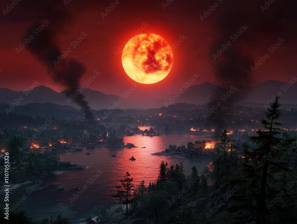 A world engulfed in smoke and embers, glowing red as if burning from within A world engulfed in smoke and embers, glowing red as if burning from within