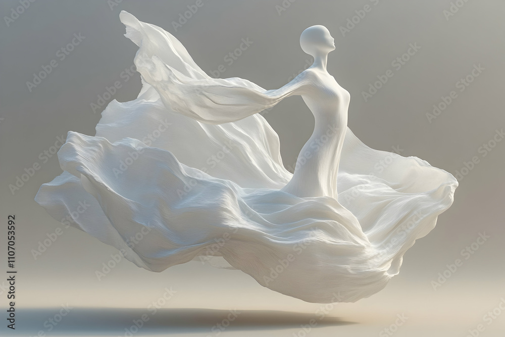 Abstract Figure in Flowing White Fabric, A Digital Illustration of Grace and Movement Abstract Figure in Flowing White Fabric, A Digital Illustration of Grace and Movement