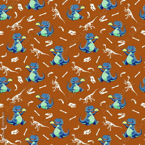 seamless pattern features cute blue cartoon dinosaurs on a brown background, interspersed with white dinosaur bones and skeletons, creating a playful and whimsical design perfect for kids' decor or fa