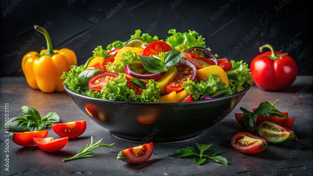 Night Photography of a Fresh Salad in a Black Bowl with Vibrant Tomatoes, Cucumbers, Bell Peppers, and Crisp Lettuce, Surrounded by Soft Ambient Lighting for a Fresh Culinary Experience Night Photography of a Fresh Salad in a Black Bowl with Vibrant Tomatoes, Cucumbers, Bell Peppers, and Crisp Lettuce, Surrounded by Soft Ambient Lighting for a Fresh Culinary Experience