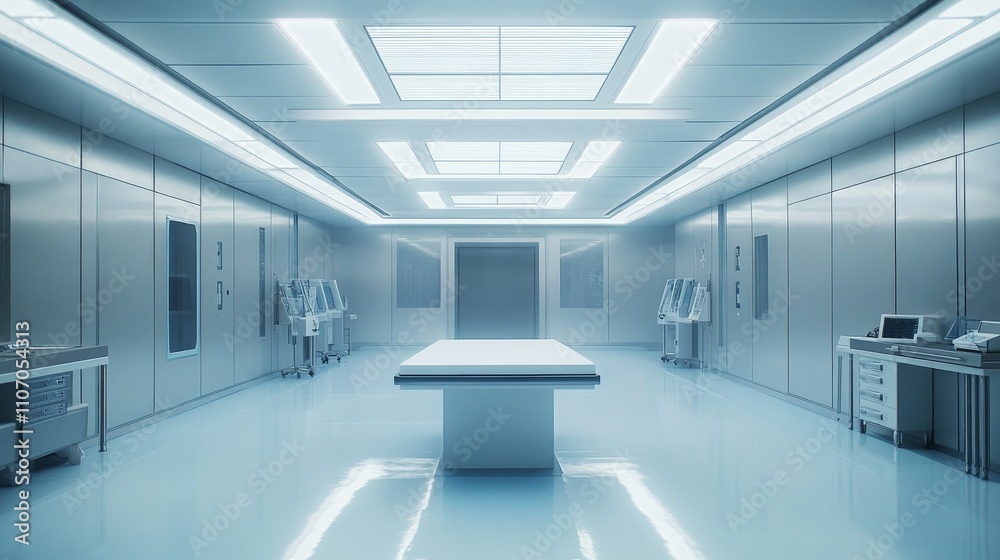 A sterile, modern medical room with a central examination table and advanced equipment.