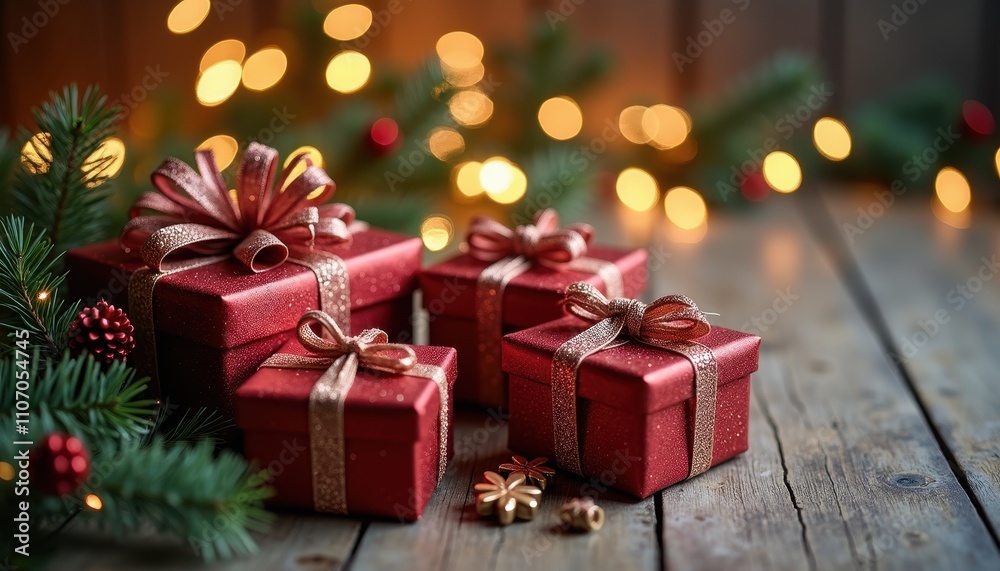 Luxuriously wrapped gifts with metallic paper and intricate bows under a snowy window. Luxuriously wrapped gifts with metallic paper and intricate bows under a snowy window.