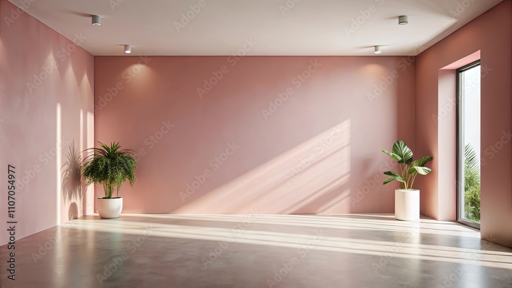 Sunlit Empty Room with Blush Pink Walls and Potted Plants Sunlit Empty Room with Blush Pink Walls and Potted Plants