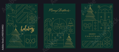 Merry Christmas and Happy New Year greeting card vector set. Luxury invitation with Christmas tree, snowman, reindeer, gold line art on green background. Design illustration for season's card, ads.