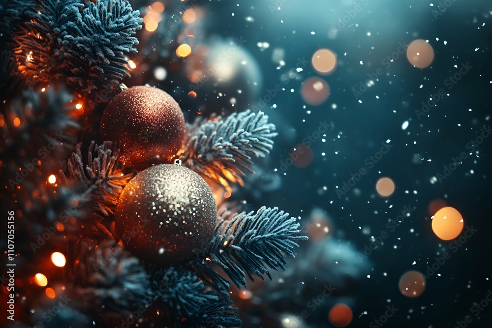 Festive Christmas tree with ornaments and glowing lights in snowy atmosphere Festive Christmas tree with ornaments and glowing lights in snowy atmosphere