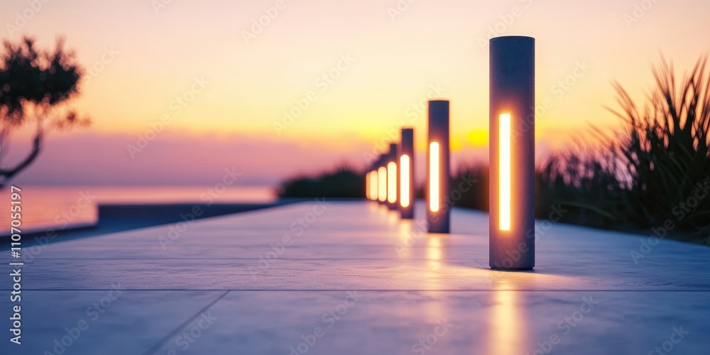 Chic light poles illuminating a stylish outdoor decor path for a warm and inviting atmosphere. Chic light poles illuminating a stylish outdoor decor path for a warm and inviting atmosphere.