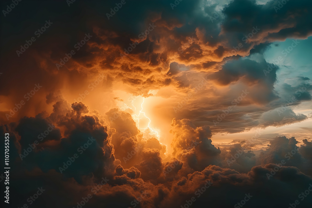 Obraz premium Fiery Sunset Cloudscape, Dramatic Lightning Illuminates Golden Hues Across a Vast, Turbulent Sky