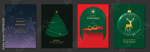 Merry Christmas and Happy New Year greeting card vector set. Luxury invitation with Christmas tree, spot bauble, gift on green, red, purple background. Design illustration for season's card, ads.