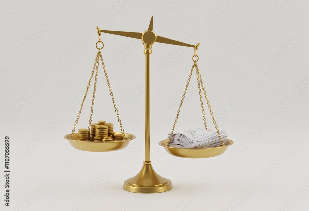 Golden scale balancing coins and receipts on neutral background Golden scale balancing coins and receipts on neutral background