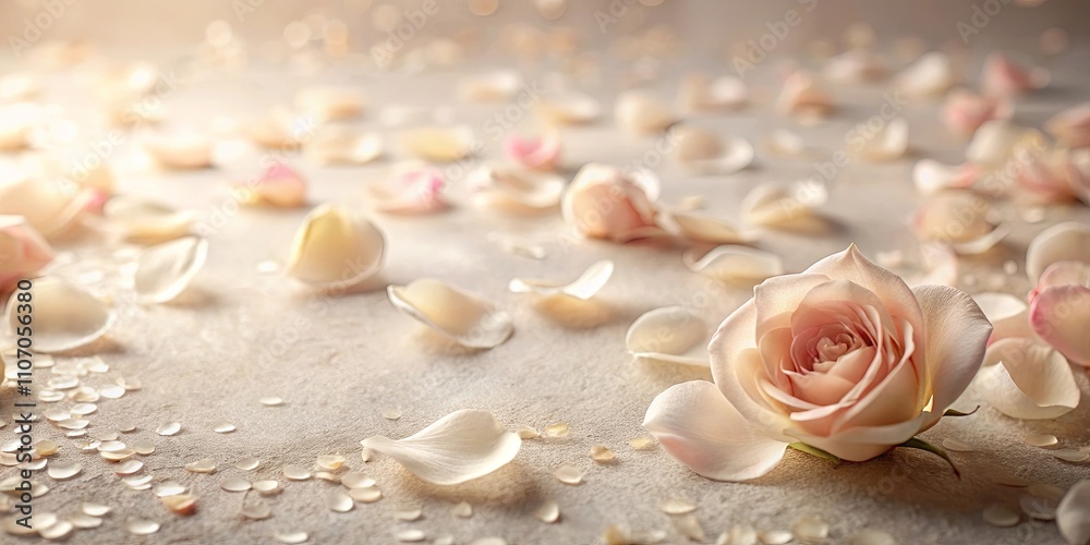 Soft blush rose and scattered petals on a neutral textured background Soft blush rose and scattered petals on a neutral textured background