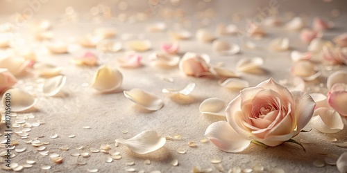 Soft blush rose and scattered petals on a neutral textured background