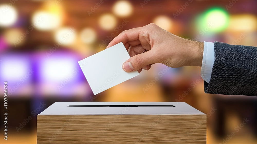 Hand In Business Suit Inserting Card Into Empty Ballot Box Hand In Business Suit Inserting Card Into Empty Ballot Box