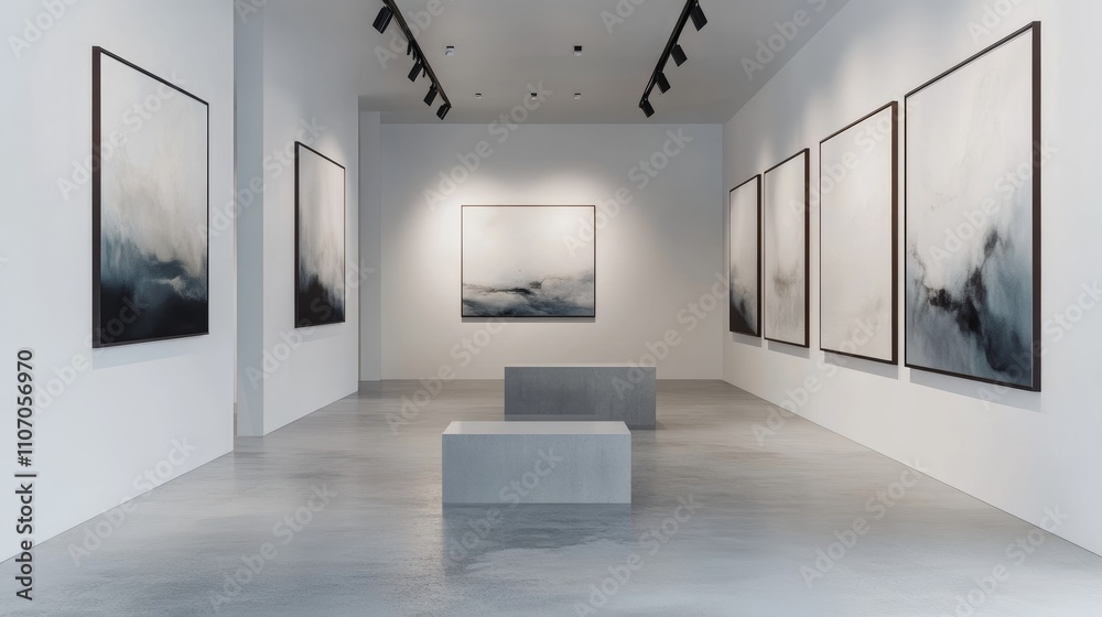 A minimalist art gallery featuring abstract black and white paintings and concrete seating. A minimalist art gallery featuring abstract black and white paintings and concrete seating.