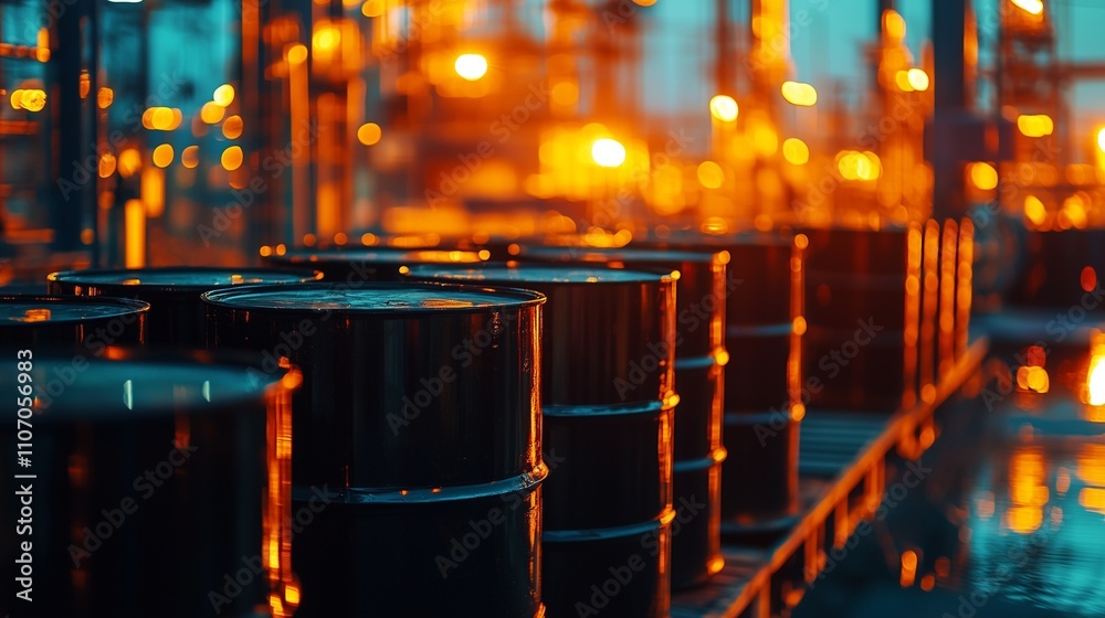 Oil barrels in a refinery setting, symbolizing global oil trading and energy markets. Oil barrels in a refinery setting, symbolizing global oil trading and energy markets.