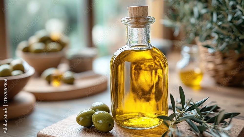 Fresh olive oil in a glass bottle, surrounded by olives and herbs. Fresh olive oil in a glass bottle, surrounded by olives and herbs.