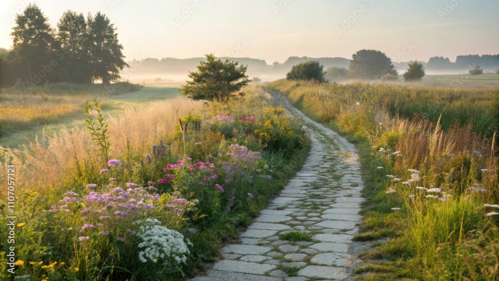 An enchanting pathway leading through wildflowers and tall grasses lined with crystals p intentionally to guide and inspire wanderers. An enchanting pathway leading through wildflowers and tall grasses lined with crystals p intentionally to guide and inspire wanderers.