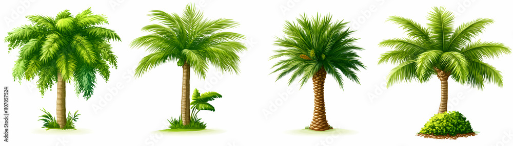 Naklejka premium Tropical Palm Trees, A Collection of Detailed Illustrations, showcasing vibrant green foliage and realistic textures against a white background.
