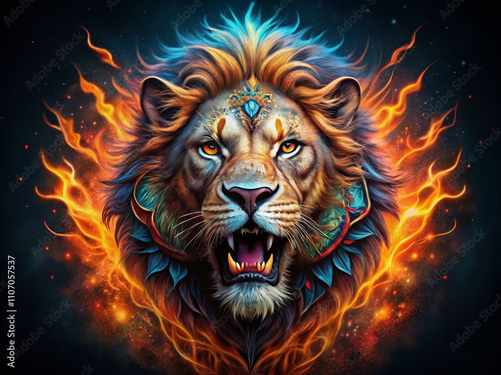 Night Photography of a Vivid Illustration Featuring a Furious Lion Head Tattoo with Intricate Details and Bold Colors Against a Dark Background, Capturing Raw Power and Intensity Night Photography of a Vivid Illustration Featuring a Furious Lion Head Tattoo with Intricate Details and Bold Colors Against a Dark Background, Capturing Raw Power and Intensity