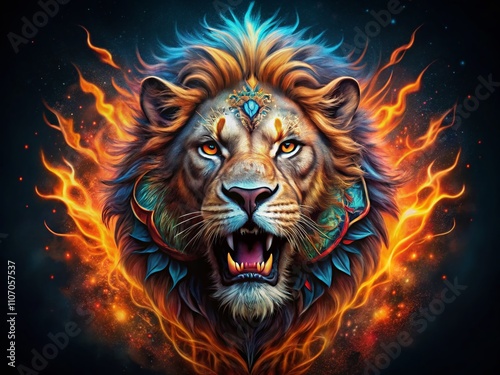 Night Photography of a Vivid Illustration Featuring a Furious Lion Head Tattoo with Intricate Details and Bold Colors Against a Dark Background, Capturing Raw Power and Intensity