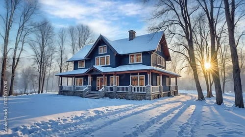 Elegant Wooden House Amidst Snow-Covered Landscape at Sunrise.Seamless looping video background  photo