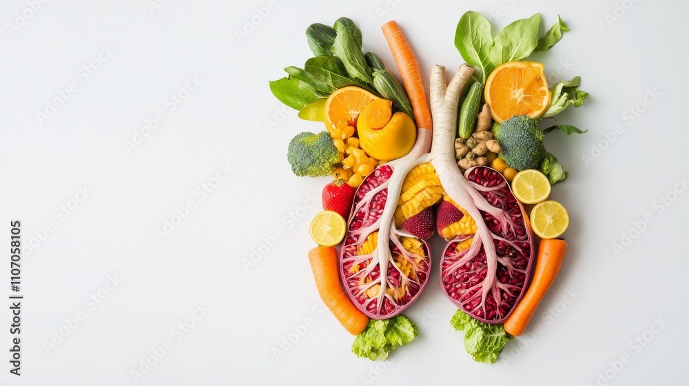 A conceptual image of a human heart and lungs made out of fruits and vegetables on a white background, Creative and health-focused style, photo of A conceptual image of a human heart and lungs made out of fruits and vegetables on a white background, Creative and health-focused style, photo of