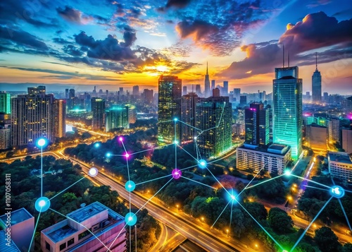 Wallpaper Mural Night Photography of Data Management Interfaces with Luminous Data Visualizations and Modern Tech Elements in a Dark Urban Setting Torontodigital.ca