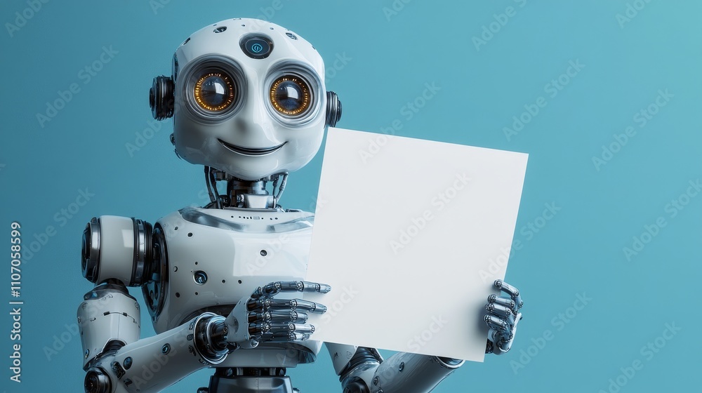 A friendly robot holding a blank sheet of paper, suggesting creativity or communication. A friendly robot holding a blank sheet of paper, suggesting creativity or communication.