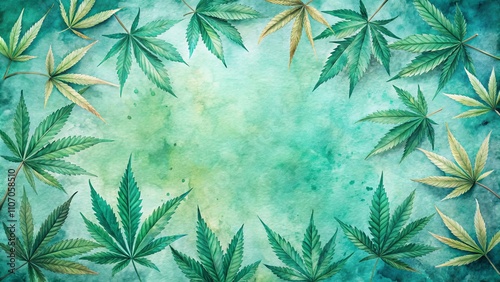 Serene Watercolor Cannabis Leaf Border on Teal Background