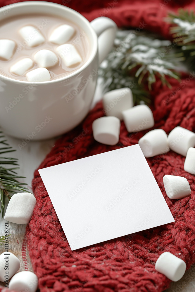 Cozy Christmas Flat Lay with Hot Cocoa, Marshmallows, and a Festive Blank Card Cozy Christmas Flat Lay with Hot Cocoa, Marshmallows, and a Festive Blank Card